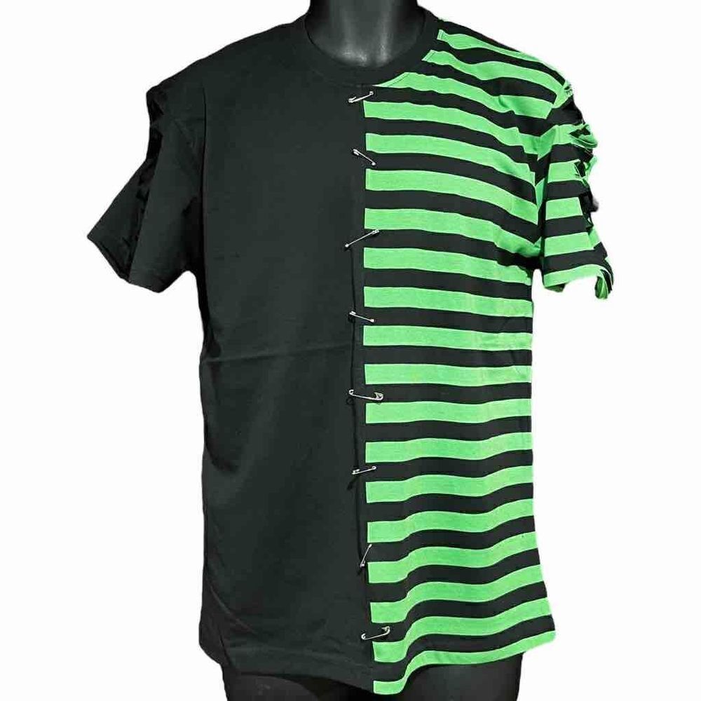 Custom Distressed Green & Black Striped Split T-Shirt Men’s Medium